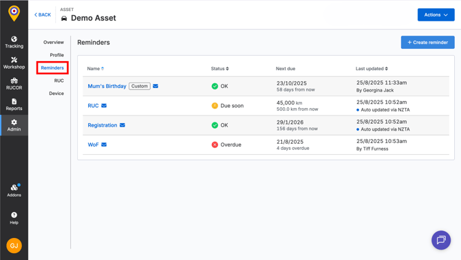 Reminders asset view